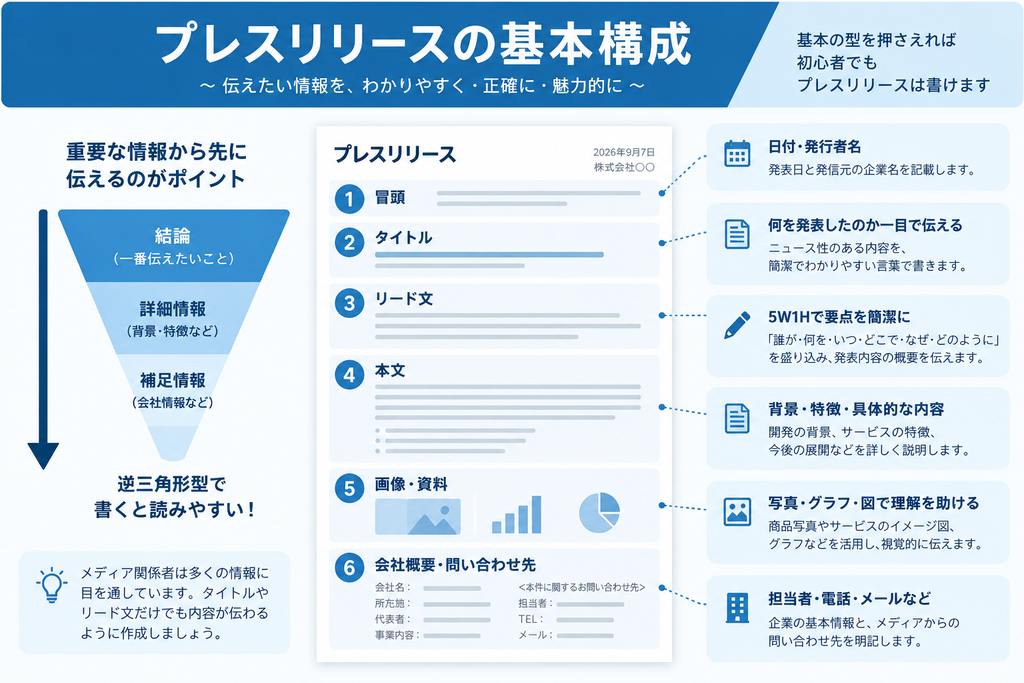 プレスリリースの基本構成と逆三角形型を解説した図
