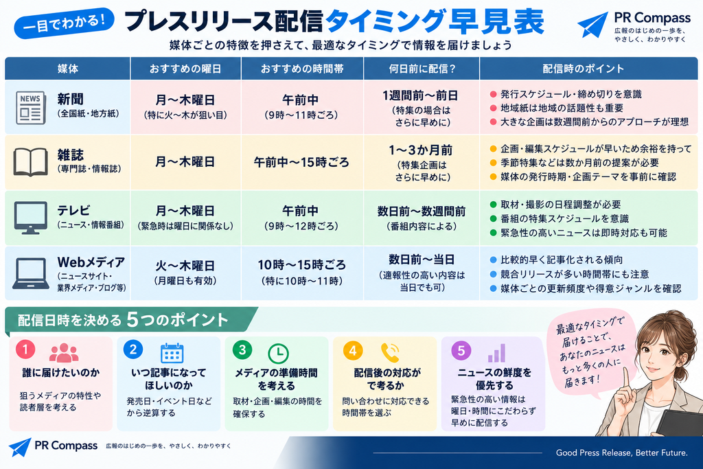 新聞・雑誌・テレビ・Webメディア別のプレスリリース配信タイミング早見表